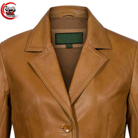 Kadın Taba Deri Blazer Tam Kol Çentikli Yaka Tek Göğüslü Düz Renk Sonbahar Giyimi