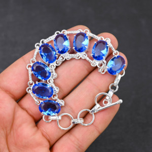 Pulsera de estilo de cadena de piedras preciosas de iolita azul creada en laboratorio, joyería de diseñador chapada en plata 925 hecha a mano, regalo de 7 a 8 pulgadas para mujer - Product Image 1
