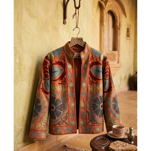 Elegant Hand Embroidered Floral Blazer <b>Mandarin</b> <b>Collar</b> Full Sleeve Cotton Spring Women's <b>Jacket</b> - Product Image 2