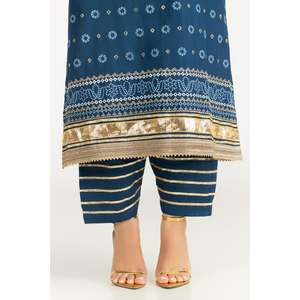 ชุดสูทผ้าซาตินสีน้ำเงิน 3 ชิ้น พิมพ์ลายทอง สำหรับผู้หญิง สไตล์ลำลองสำหรับใส่ทำงาน ตกแต่งด้วยกระดุม - Product Image 5