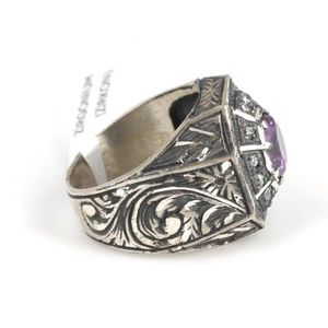 Men's 925 Sterling <b>Silver</b> Octagonal Amethyst Color Zircon Stone Ring Rhodium Plated Dainty <b>Pen</b>-Shaped for Everyday Wear - Product Image 3