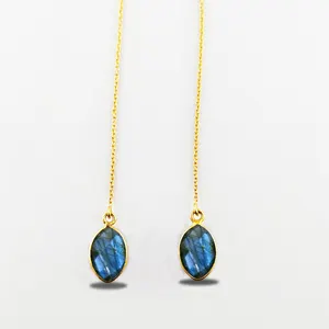 Natural Blue Labradorite 12x8mm Marquise Shape Gold Vermeil 925 Sterling Silver Bezel Set Threader Drop Earring Silver Earring's