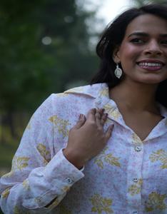<b>Yellow</b> Floral Cotton Easy Fit Block Printed Shirt Button Front Full Sleeves Collared <b>Top</b> India Supplier Woven Weaving Method - Product Image 1