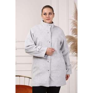 RMG Plus Size Gray Wool Blend Style Coat with Elegant Sleeve Details for Women, <b>Warm</b> Winter Outerwear Collection - Product Image 2