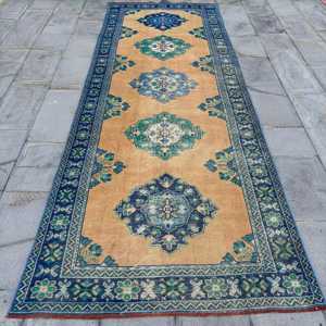 Alfombra de 4.1x11.5 pies, Alfombra Turca Vintage, Alfombra de Lana Azul - Product Image 1