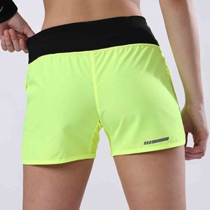 Shorts de course pour femmes jaune fluo taille haute avec poches, séchage rapide, shorts de sport, taille élastique, tissu tricoté - Product Image 3