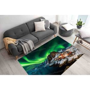Alfombra de Lana con Diseño de Paisaje Cielo Colorido - Aurora Boreal y Vista de Lofoten, Alfombra Tradicional Ecológica con Respaldo de Látex No Tejido - Product Image 1
