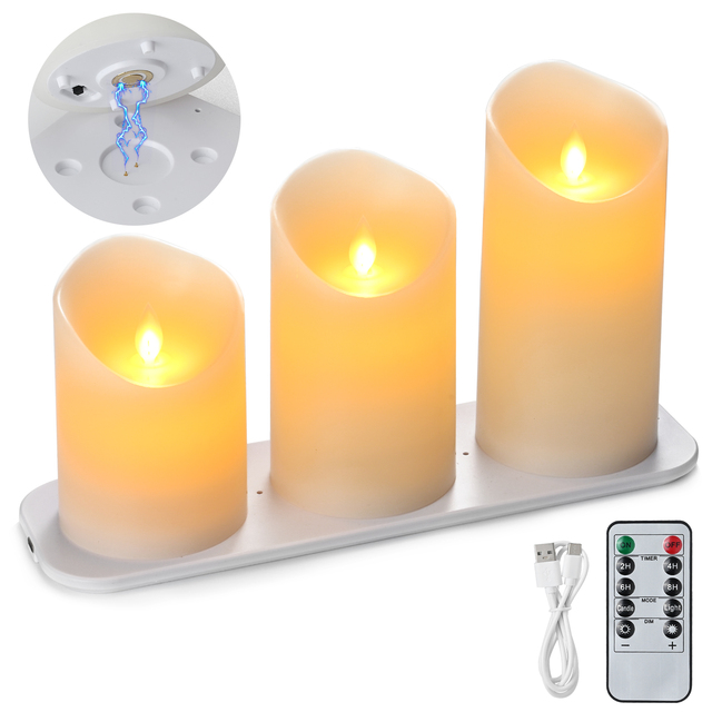 Flameless LED Battery Operated Rechargeable Wax Ivory Pillar 4"5"6"x3" Set 3 Cup Candles With Moving Flame & Remote for Home