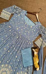 Georgette-vestido de imitación de diseñador indio para niñas, traje de trabajo con secuencia bordada pesada completa, satinado - Product Image 5