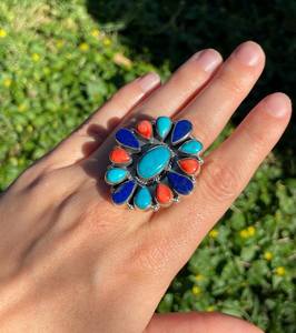 Exquis 925 Sterling Silver Multi-Stone Vintage Fancy Style Turquoise Bezel Setting Statement Ring pour les mariages unisexes - Product Image 1