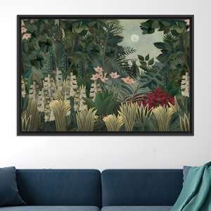 Arte de pared en lienzo con diseño de jungla al luz de la luna: decoración de lienzo con estampado exótico y tranquilo, lienzo con marco negro - Product Image 1