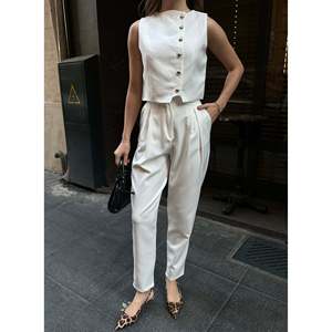 Conjunto de Dos Piezas Mybeefashion para Mujer: Chaleco Elegante Casual sin Mangas de Mezcla de Algodón Blanco y Pantalones Anchos de Cintura Alta - Product Image 1