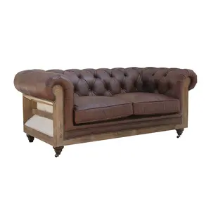 Rustic Tufted Rolled Arm Faux Leather Deconstructed Chesterfield Sofa Set Furniture