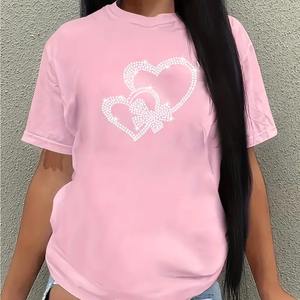 T-shirt pour femme en coton 100% ample, personnalisé avec un logo, lavage à l'acide, poids lourd, vente en gros 2026, été, avec strass - Product Image 2