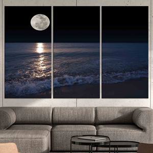 Serenity Night: Obra de arte impresa en lienzo - Paisaje marino al luz de la luna, JUEGO DE 3 LIENZOS - Product Image 1