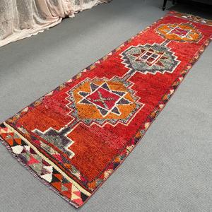 Turkish Vintage Eco-Friendly <b>Wool</b> Rug 3x10.2 ft <b>Red</b> Patchwork with Latex Backing - Product Image 4