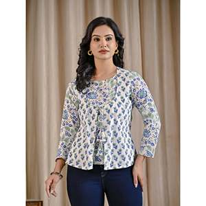 Top de punto verde de algodón estampado a mano para mujer - Product Image 1