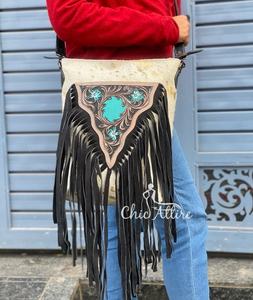 Real Handmade Vintage Boho <b>Hair</b> on Metallic Tooled Leather Fringe Handbag Western Genuine Leather Crossbody Purse <b>for</b> <b>Women's</b> - Product Image 1
