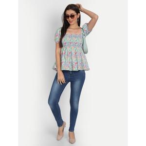 Blusa de Algodón con Estampado Floral Azul Claro, Cuello con Volantes, Manga Media, Estilo Occidental Formal, Viscosa Rayón, Talla XL, Corta, para Primavera y Otoño - Product Image 6