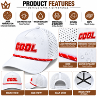 Casquette de baseball 5 panneaux en polyester personnalisée avec patch brodé, imperméable, séchage rapide, perforée, avec cordon, pour le golf, vente en gros OEM