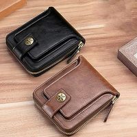 Dompet Kulit Asli Kapasitas Besar untuk Pria, Warna Hitam Solid, Penutup Ritsleting, Penggunaan Sehari-hari, Tempat Kartu dengan Jendela ID, Kantong Koin