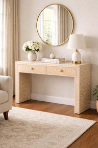 Table console en os incrusté fait main avec tiroirs – Table en os incrusté à motif floral - Product Image 6