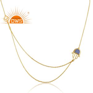 Yellow <b>Gold</b> Plated Silver Necklace Hamsa Designer Blue Chalcedony Gemstone Necklace Supplier Jewelry Classic Collection - Product Image 3