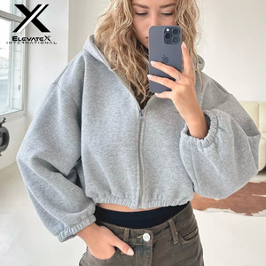 Sudadera con capucha corta rosa para mujer ELEVATEX INTERNATIONAL, con cremallera completa, mangas abullonadas, forro polar, estilo casual para otoño - Product Image 3