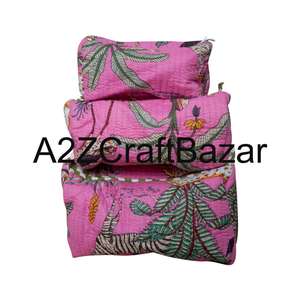 Ensemble de trousse de maquillage et de sac en tissu de coton multifonctionnel, léger, durable, écologique, avec fermeture éclair et pompon vintage - Product Image 1