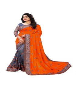 Bordado pesado Borde de encaje y trabajo de piedra Hermoso Sari de color azul con blusa sin costuras en Ropa Étnica Ropa - Product Image 1