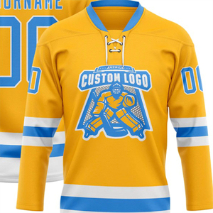 OEM Fabricación personalizada al por mayor Custom Gold Powder Blue-White High Quality Hockey Lace Neck Jersey - Product Image 5