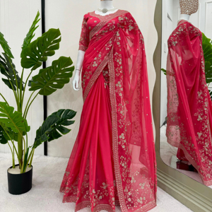 Ensemble de saris en soie Tibby contemporain | Broderie de séquence de fil moderne Chemisier en soie traditionnel Drapé élégant - Product Image 1