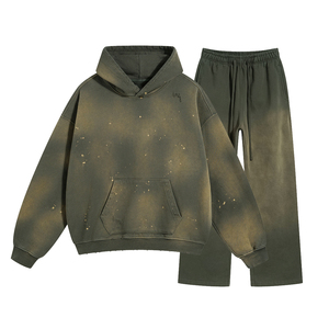 ชุดเสื้อมีฮู้ดใส่สบายๆสำหรับผู้ชายไม่มีสายสีซีดเสื้อมีฮู้ดและกางเกงวอร์มทรงหลวมแนววินเทจกำหนดโลโก้ได้เอง - Product Image 1