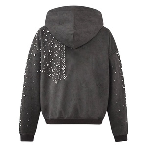 Venta al por mayor de sudaderas con diamantes de imitación Streetwear Unisex Oversized Zip up Suede Rhinestone personalizado sudaderas con capucha y sudadera para los hombres - Product Image 2