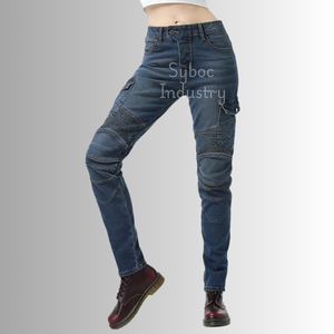 Pantalon de moto pour femme avec protection Design de genou pré-incurvé élégant Pantalon de moto en denim coupe ajustée pour l'équitation de longue distance - Product Image 5