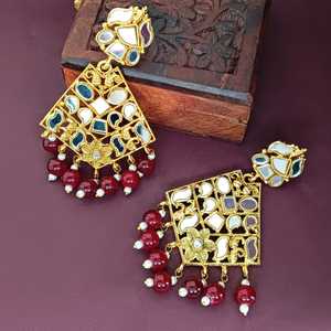 Indian Wholesaler Gold Plated Crystal Glass Stone Faux Pearl Dangle <b>Drop</b> <b>Earrings</b> Jewellery, Maroon - Product Image 1