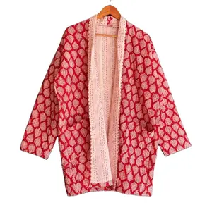 Leaf Print Kimono Women Wear Front Quilt Jacket Indian Handmade Kantha Quilt Short Jacket Block Print Dress Winter Short Coat