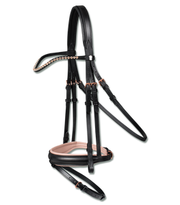 Bridle Rose Flash Noseband Leather Straight Headpiece with Extra <b>Ear</b> Room Curved Brow <b>Band</b> Set Rose Gold Rhinestones - Product Image 5