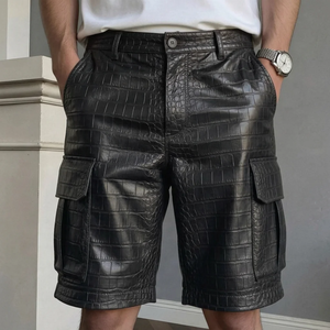 Shorts cargo pour homme en cuir gaufré imitation crocodile noir, taille mi-haute, fermeture boutonnée, style décontracté Bermuda avec poches - Product Image 1