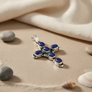 Pendentif Croix en Argent 925 avec Lapis-Lazuli, Bijou Religieux Fait Main en Pierre Précieuse avec Placage Rhodium pour Femme - Product Image 1