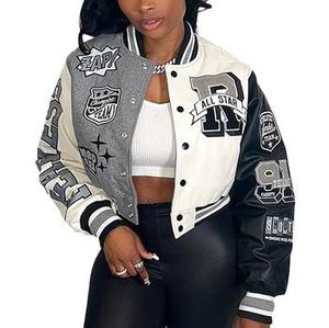 Veste universitaire courte pour femmes, patchwork, bomber, veste de style Y2K, streetwear décontracté, boutonnée, manches longues, vêtement d'extérieur - Product Image 3