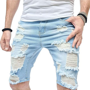 Vente en gros de shorts en jean 100% coton pour hommes avec design vieilli broderie de streetwear personnalisée motif solide toile - Product Image 2