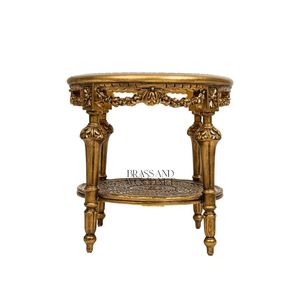 โต๊ะกาแฟทรงกลมหรูหราพร้อมท็อปลายดอกไม้เพ้นท์มือและโครงแกะสลักสีทองประณีตพร้อมชั้นวางตาข่ายสำหรับการตกแต่งภายในสไตล์คลาสสิก - Product Image 6