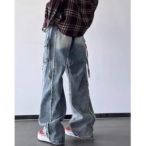 กางเกงยีนส์ผู้ชายเอวสูงผ้าแคนวาสลำลองระบายอากาศสไตล์วินเทจทรงขากว้างตรงหลวมขนาดใหญ่พิเศษแบบขาด - Product Image 2