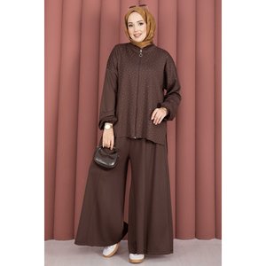 Conjunto de Dos Piezas para Mujer, Túnica con Cierre y Adornos de Piedras y Pantalones, Estilo Casual y Formal, Dos Longitudes, Talla XS - Product Image 5