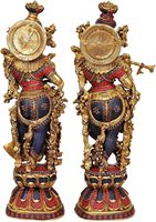 28.5 pouces fait à la main grande sculpture hindoue en laiton Figurine moderne Radha Krishna Statue idole incrustation travail pour mariages anniversaires