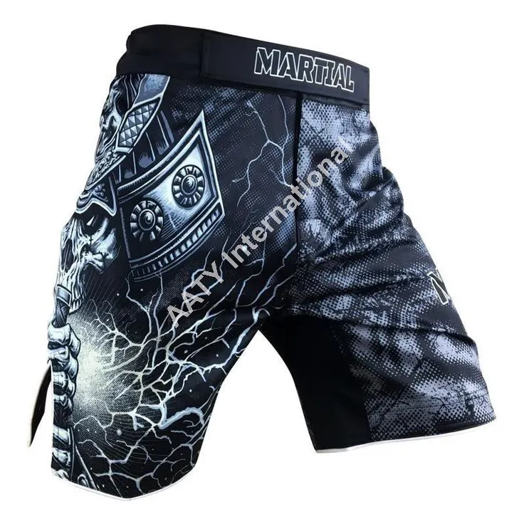 Pantalones cortos sublimados respetuosos con el medio ambiente para hombres Gimnasio Corte alto Negro Bjj Fight Mma Shorts sublimados