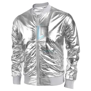 Homens Metálicos Jaqueta 70s Disco Festa De Natal Varsity Jacket Zip-up Baseball Bomber Na Cor Prata