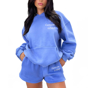 Ensemble sweat-shirt et short en molleton français 100% coton pour femme, design personnalisé, poids lourd, couleur unie, confortable et court, ensemble de survêtement - Product Image 1