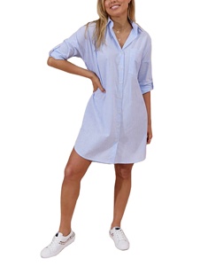 Robe décontractée tendance personnalisée 100% coton pour femme, col classique, rayures bleu clair et blanc, sexy, longueur genou, grande taille, ODM - Product Image 1